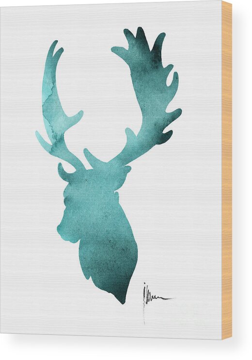 Deer Wood Print featuring the painting Deer head silhouette painting watercolor art print by Joanna Szmerdt