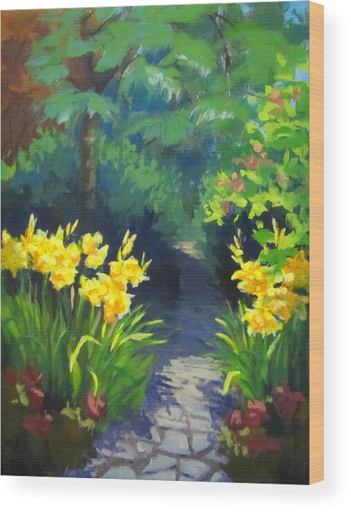 Summer Wood Print featuring the painting Discovery Garden by Karen Ilari