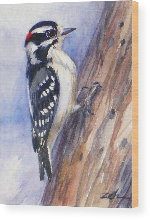 Woodpecker Art Print Wood Print featuring the painting Downey Woodpecker by Janet Zeh