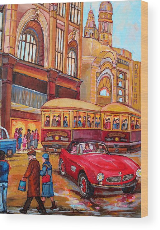 Montreal Wood Print featuring the painting Downtown Montreal-streetcars-couple Near Red Fifties Mustang-montreal Vintage Street Scene by Carole Spandau