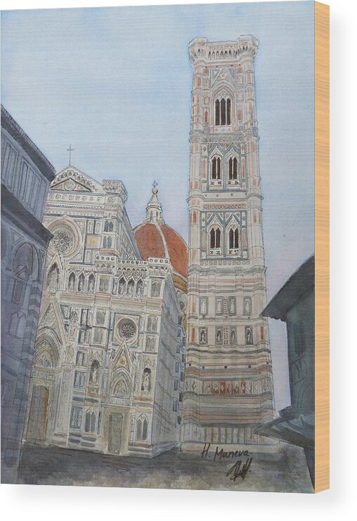 Architecture Wood Print featuring the painting Duomo Florence in color by Henrieta Maneva