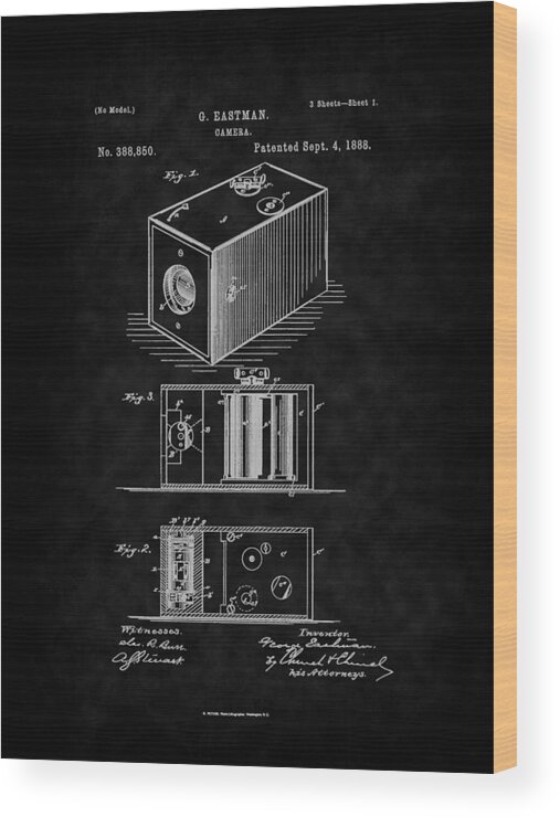 Camera Patent Wood Print featuring the digital art Eastman's 1888 Camera Patent Art-BK by Barry Jones