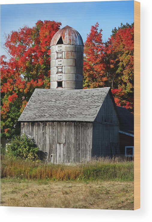Silo Wood Print featuring the photograph Fall Weathered Barn and Silo by David T Wilkinson