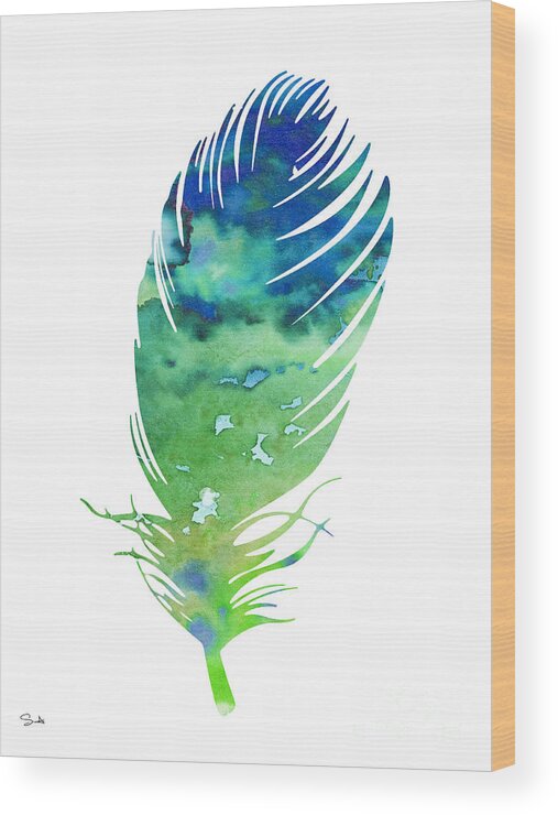 Feathers Wood Print featuring the painting Feather 3 by Watercolor Girl