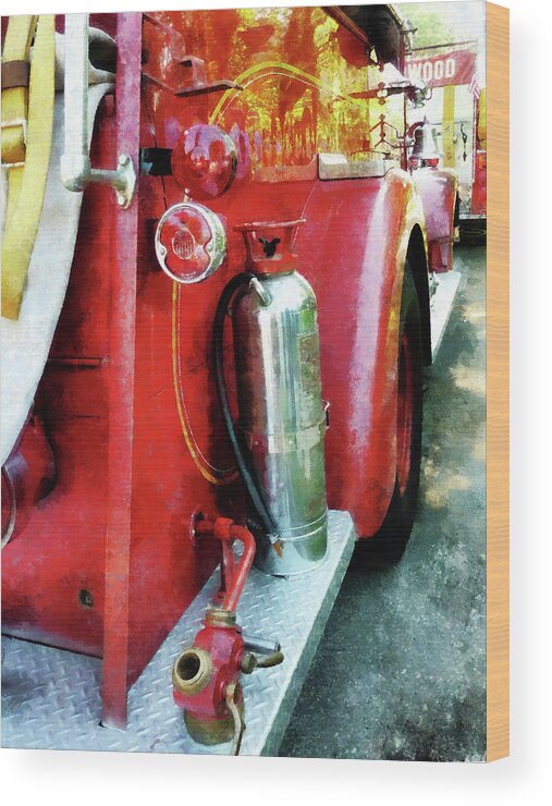 Firefighters Wood Print featuring the photograph Fireman - Fire Extinguisher on Fire Truck by Susan Savad