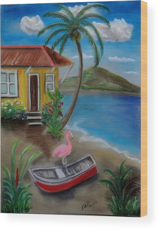Island Paintings Wood Print featuring the painting Flamingo Beach by Kevin Brown