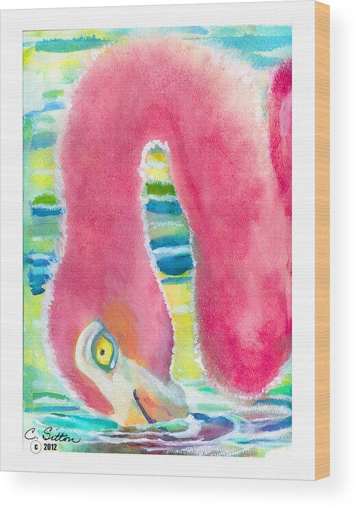 C Sitton Painting Paintings Wood Print featuring the painting Flamingo Eating by C Sitton