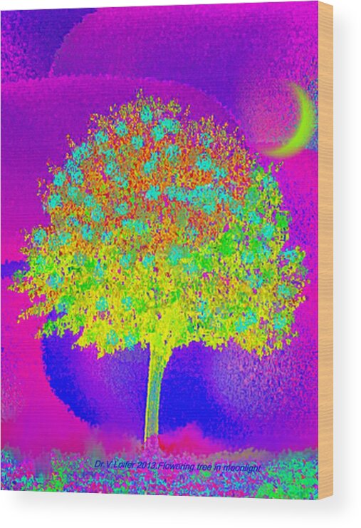 Night Tree Moon Flowers Blossom Sky Wood Print featuring the digital art Flowering tree in moonlight by Dr Loifer Vladimir