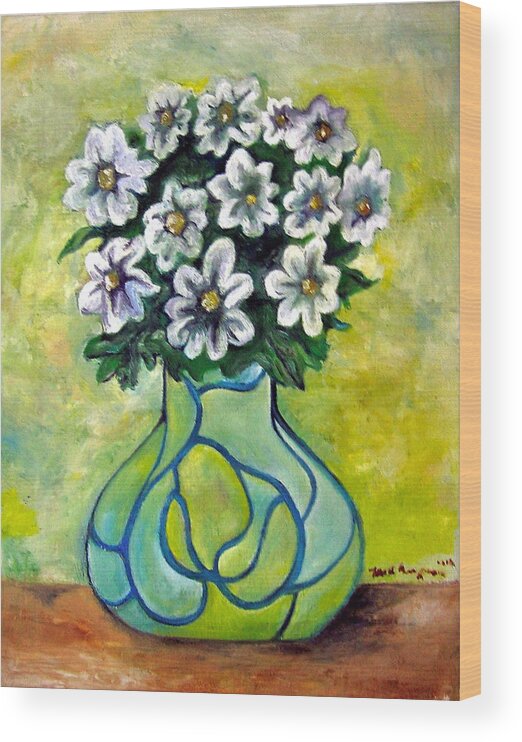 Flowers Floral Yellow Green Blue Wood Print featuring the painting Flowers for Jenny by Martel Chapman