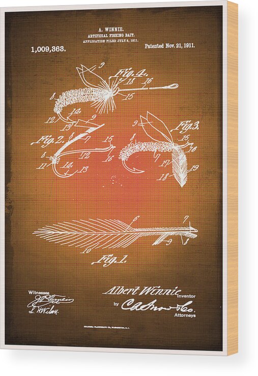 Artificial Fishing Bait Wood Print featuring the mixed media Fly Fishing Bait Patent Blueprint Drawing Sepia by Tony Rubino