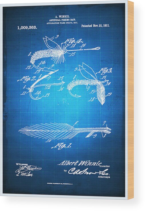 Artificial Fishing Bait Wood Print featuring the mixed media Fly Fishing Bait Patent Blueprint Drawing by Tony Rubino