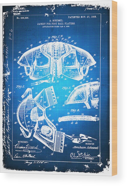 Football Shoulder Pads Wood Print featuring the drawing Football Shoulder Pads Paten Blueprint Drawing Blue by Tony Rubino