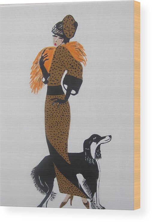 Art Deco Girlwith Orange Fur Wood Print featuring the painting Girl With Orange Fur by Nora Shepley