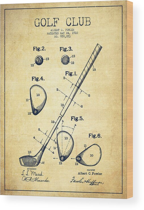 Golf Wood Print featuring the digital art Golf Club Patent Drawing From 1910 - Vintage by Aged Pixel