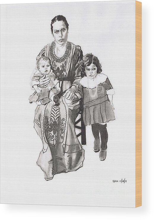 Charcoal Pencil On Paper Wood Print featuring the drawing Grandma's Family by Sean Connolly