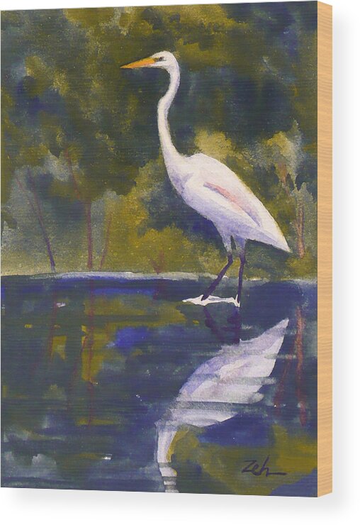 Bird Wood Print featuring the painting Great Egret by Janet Zeh