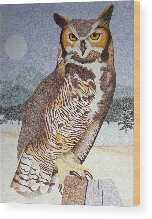 Art Wood Print featuring the drawing Great Horned Owl by Dan Miller