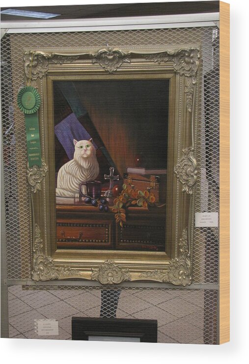Photo Of Cat With Ribbon Wood Print featuring the photograph Grumpy Cat with ribbon by Gene Gregory