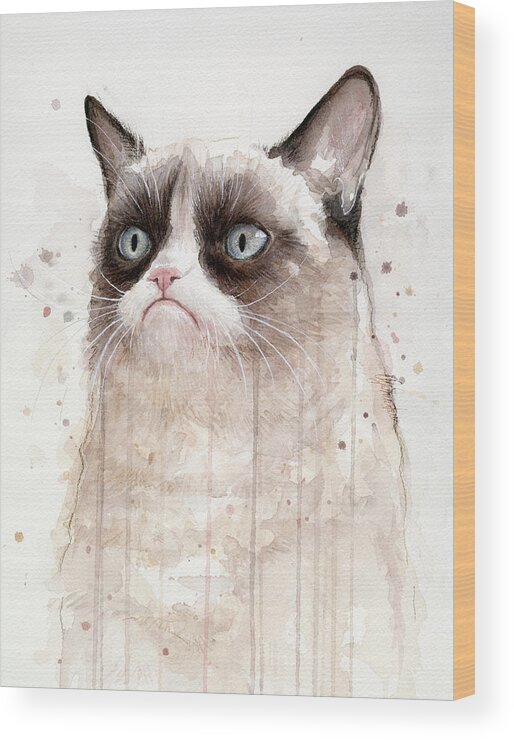 Grumpy Wood Print featuring the painting Grumpy Watercolor Cat by Olga Shvartsur