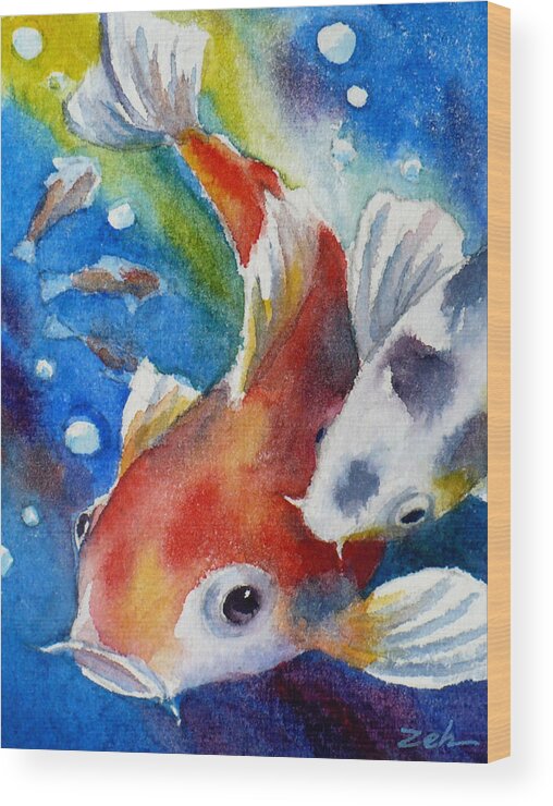 Animal Art Wood Print featuring the painting Gustave the Koi Fish by Janet Zeh