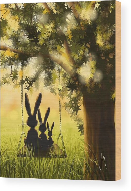 Bunny Wood Print featuring the painting Happily together by Veronica Minozzi