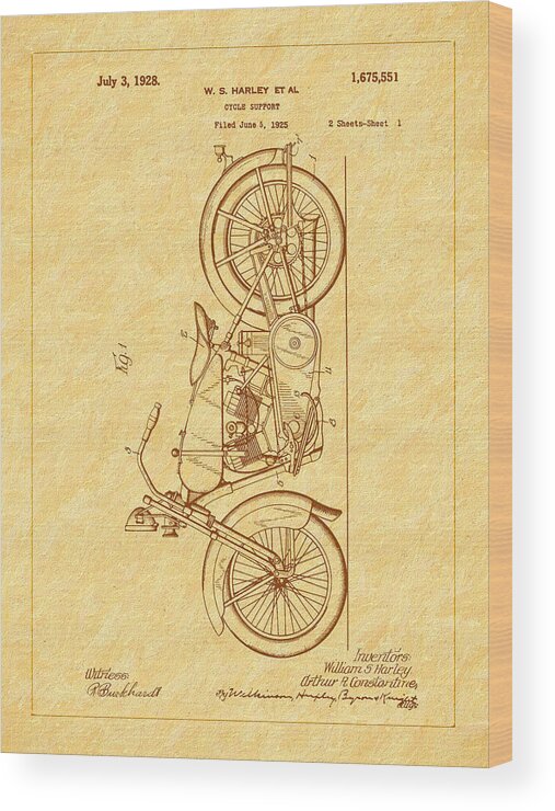 1928 Harley Cycle Support Patent Wood Print featuring the photograph Harley's 1928 Cycle Support Patent by Barry Jones