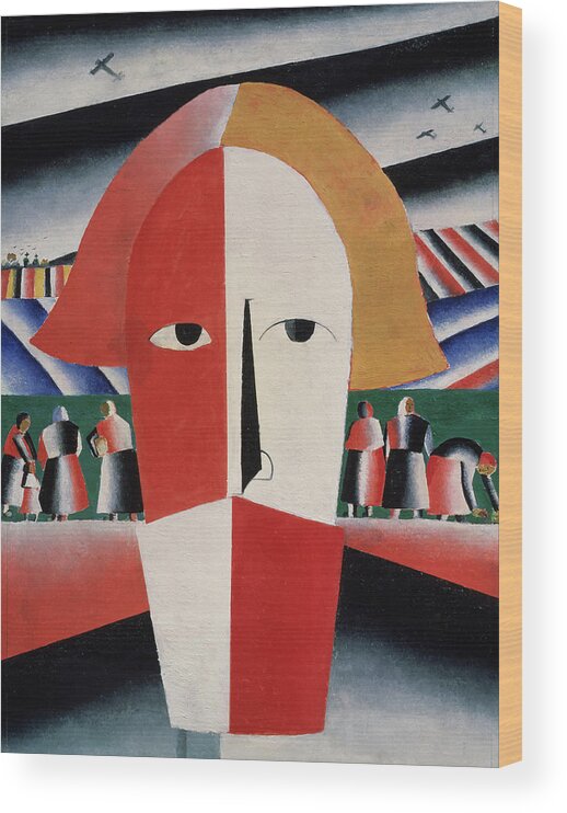 Head; Face; Peasant; Pesants; Worker; Workers; Working; Proletariat; Aeroplane; Aeroplanes; Airplane; Airplanes; Plane; Planes; Stylised; Primitive; Geometry; Geomtetric; Cubo-futurism; Cubo-futurist; Suprematist; Suprematism;black Wood Print featuring the painting Head of a Peasant by Kazimir Malevich