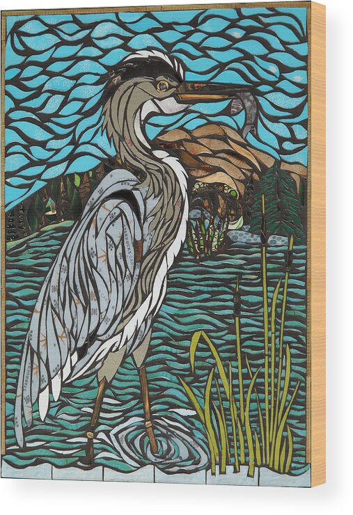 Heron Wood Print featuring the mixed media Heron on Connor Creek by Mary Ellen Bowers