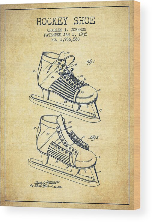 Hockey Skates Wood Print featuring the digital art Hockey Shoe Patent Drawing From 1935 - Vintage by Aged Pixel