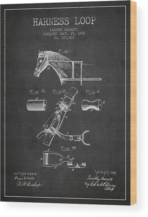 Horse Harness Wood Print featuring the digital art Horse Harness Loop Patent from 1885 - Dark by Aged Pixel