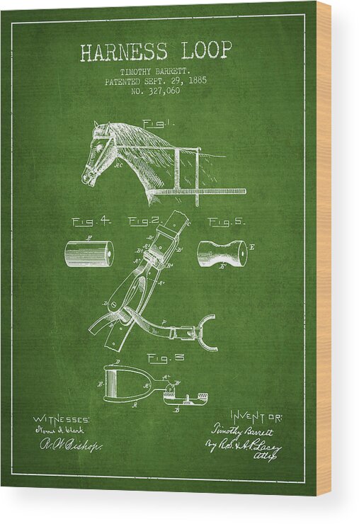 Horse Harness Wood Print featuring the digital art Horse Harness Loop Patent from 1885 - Green by Aged Pixel