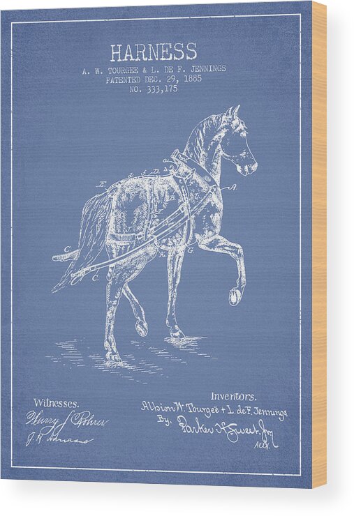 Horse Harness Wood Print featuring the digital art Horse harness patent from 1885 - Light Blue by Aged Pixel