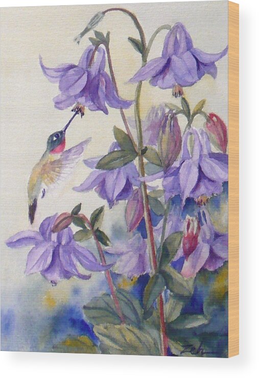 Hummingbird Art Wood Print featuring the painting Hummingbird and Purple Columbine by Janet Zeh