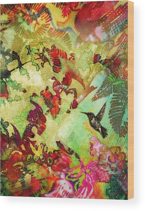 Sharkcrossing Wood Print featuring the digital art V Hummingbird in Flower Heaven - Vertical by Lyn Voytershark