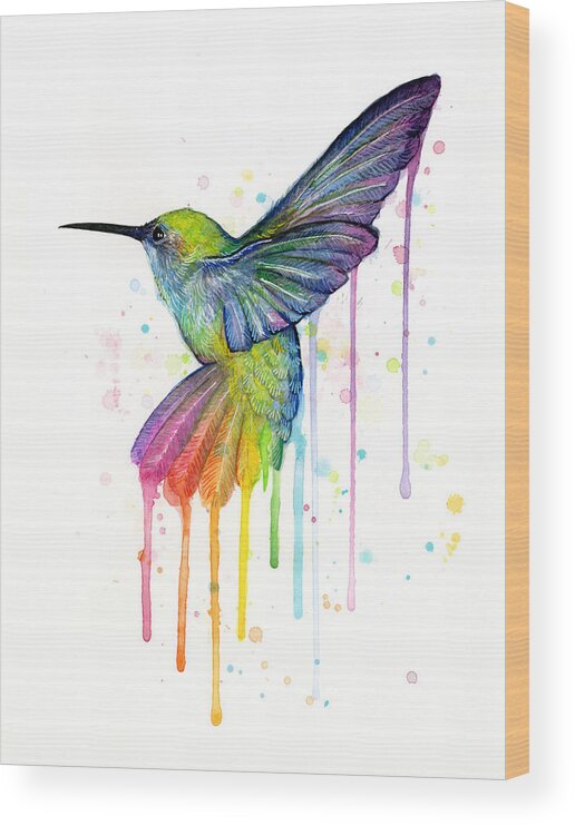 Hummingbird Wood Print featuring the painting Hummingbird of Watercolor Rainbow by Olga Shvartsur