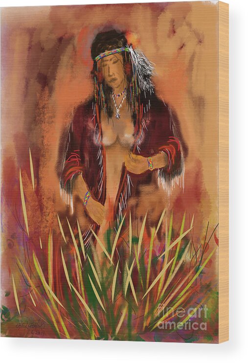 Indian Nude Woman Naked Figure Flowers Leaf Feather Plume Hair Band Necklace Colors Breast Indian Uniform Dressing Gown Fringe Nature Native Print American Day Dream Wrist Band Wood Print featuring the painting Indian Nude by Miroslaw Chelchowski