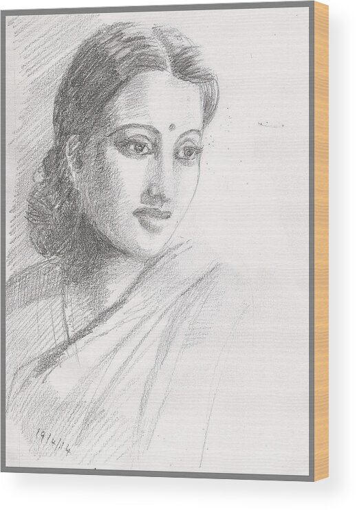 Indian Woman Wood Print featuring the drawing Indian Woman by Asha Sudhaker Shenoy