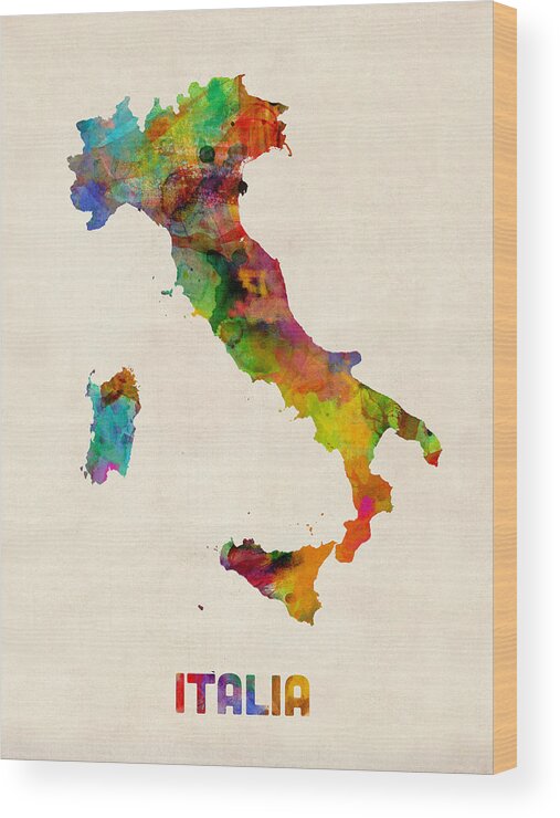 Italy Map Wood Print featuring the digital art Italy Watercolor Map Italia by Michael Tompsett