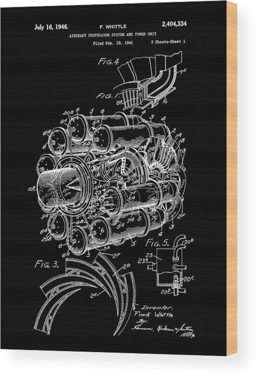Jet Wood Print featuring the digital art Jet Engine Patent 1941 - Black by Stephen Younts
