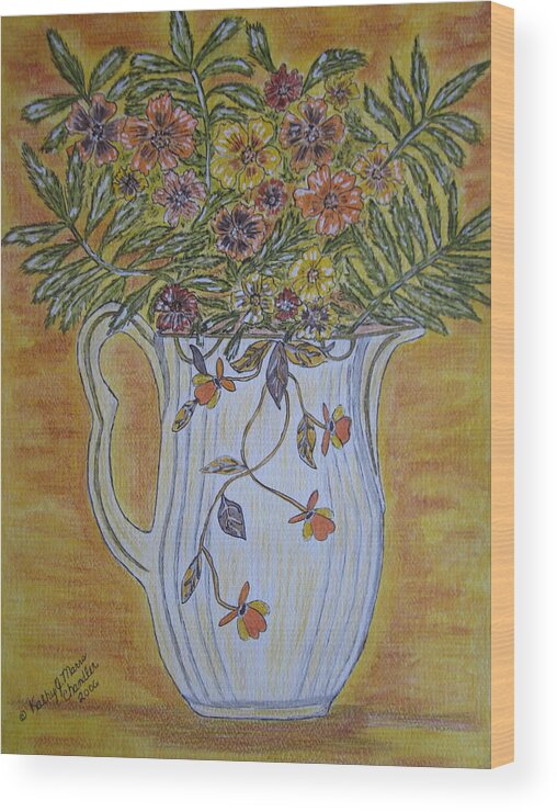 Jewel Tea Wood Print featuring the painting Jewel Tea Pitcher with Marigolds by Kathy Marrs Chandler