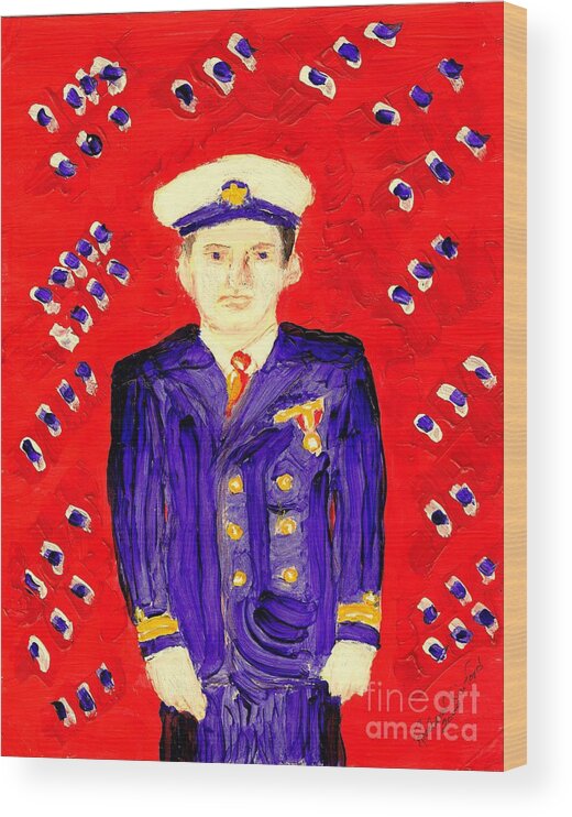 John F Kennedy Wood Print featuring the painting John F Kennedy in Uniform bright red background by Richard W Linford