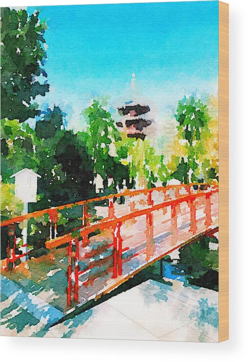 Kawasaki Daishi Wood Print featuring the painting Kawasaki Daishi Bridge and Five-Storied Pagoda by Beverly Claire Kaiya