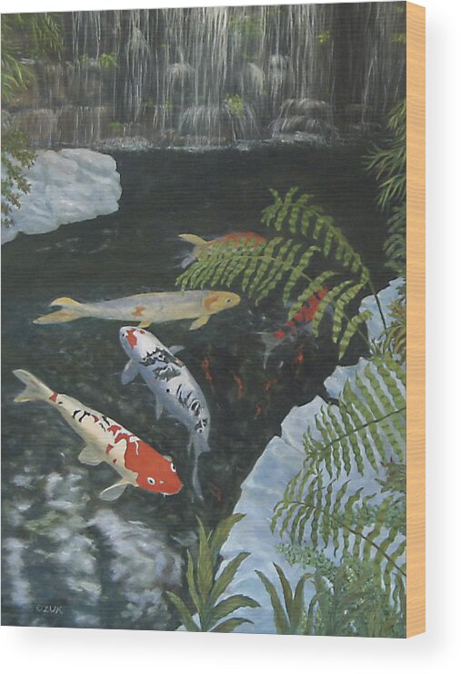 Karen Zuk Rosenblatt Art And Photography Wood Print featuring the painting Koi fish by Karen Zuk Rosenblatt