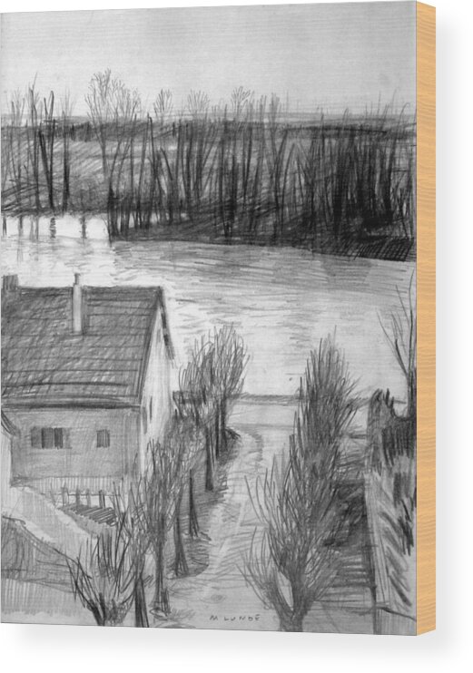 La Seine At Herblay Wood Print featuring the drawing La Seine at Herblay by Mark Lunde
