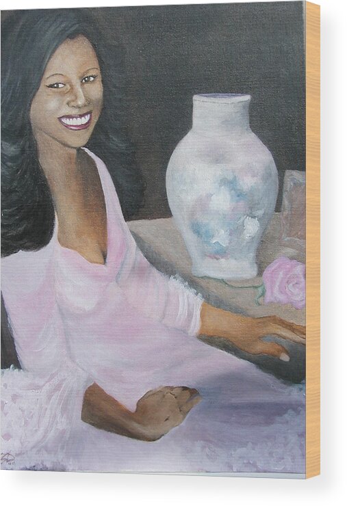Diva Wood Print featuring the painting Lady with Pink Rose by Angelo Thomas