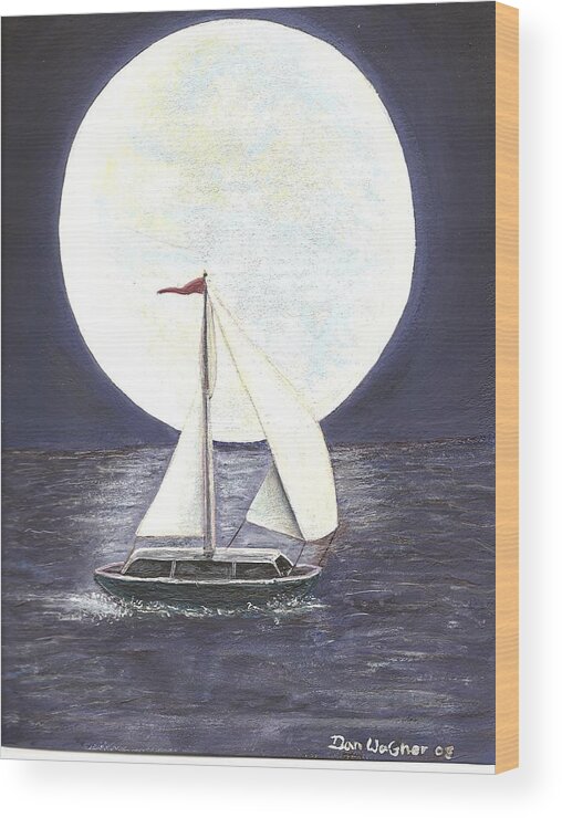 Water Wood Print featuring the painting Lake Michigan Full Moon by Dan Wagner