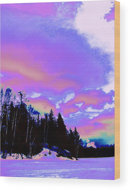 Landscape Iridescent Colored Sky Dramatic Treeline Photographic Digital Manipulation Colorful Modern Contemporaryy Wood Print featuring the digital art Winter Snow Sky by Priscilla Batzell Expressionist Art Studio Gallery