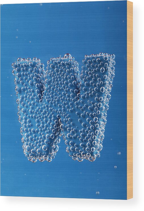 Bubble Font Letter Type Print Great-primer Typeface Character Bleb Air-bladder Bulb Water Liquid Fluid Scantiness Blue Azure Cyan Photograph Photo Photography Chromophotography Color W Wood Print featuring the photograph letter W underwater with bubbles by Dmitriy Lokash