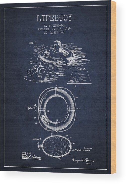 Lifebuoy Wood Print featuring the digital art Lifebuoy Patent from 1919 - Navy Blue by Aged Pixel