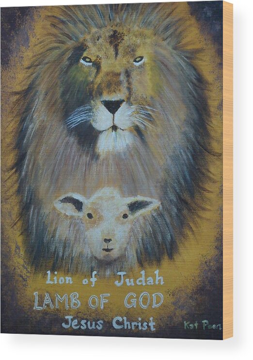 Lion Wood Print featuring the painting Lion and the Lamb by Kat Poon